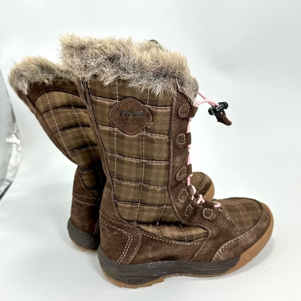 Teva Girls brown suede plaid lenawee faux fur trim waterproof boots size 11